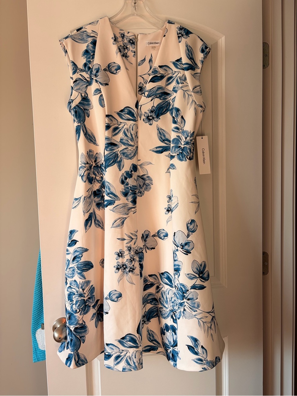 Calvin Klein White Dress with Blue Floral Print